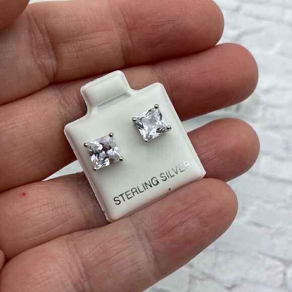 Sterling Silver 6mm Square Clear CZ Stud Earrings - Picture 3 of 4